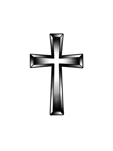 Black and grey illustrative cross tattoo design: a cross with a metallic, almost beveled appearance