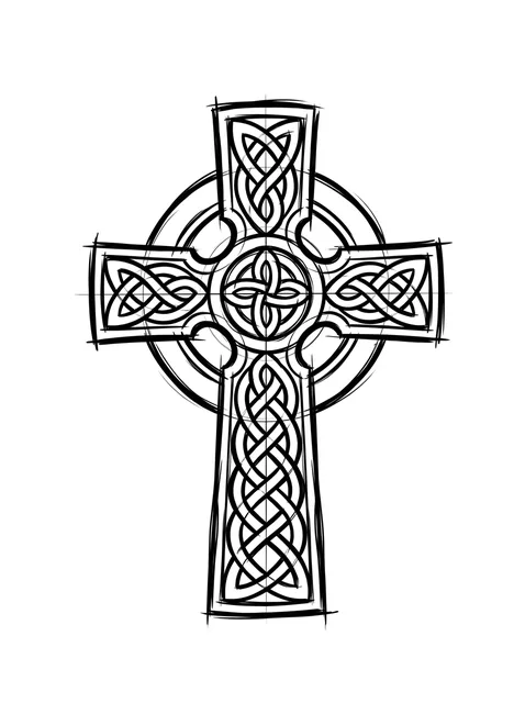 Black and grey illustrative cross tattoo design: a sketch-like quality