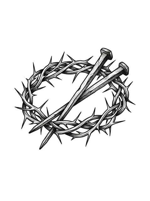 Black and grey illustrative crown of thorns and nail tattoo design
