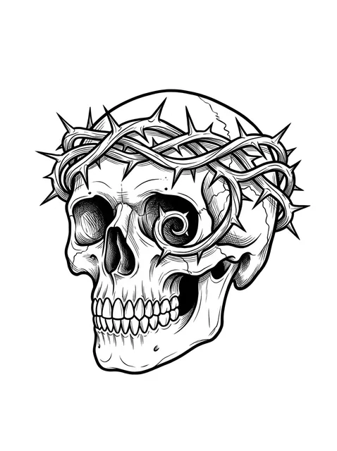 Black and grey illustrative crown of thorns and skull tattoo design