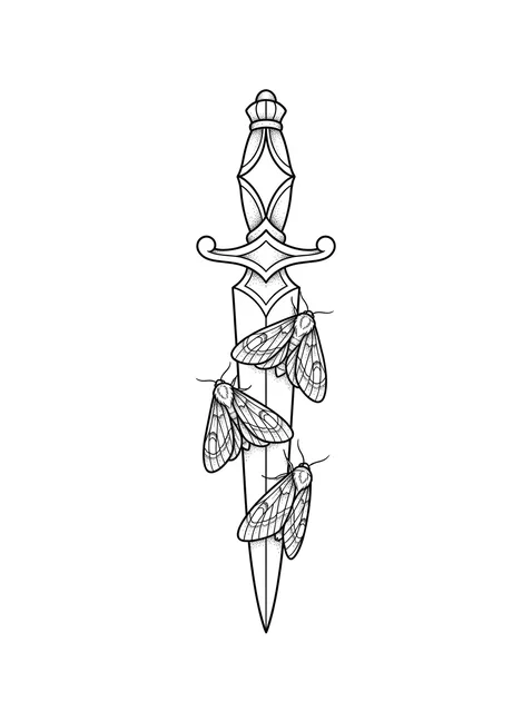 Black and grey illustrative dagger and moth tattoo design