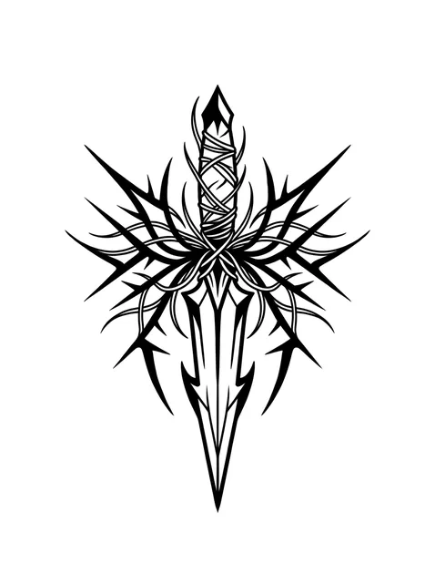 Black and grey illustrative dagger tattoo design: the dagger is intricately wrapped