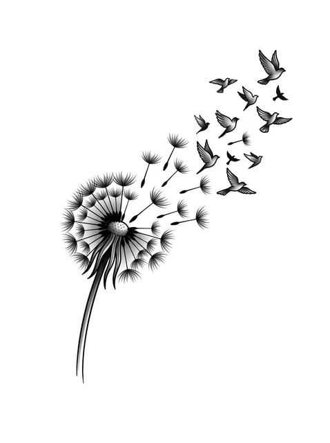 Black and grey illustrative dandelion and bird tattoo design
