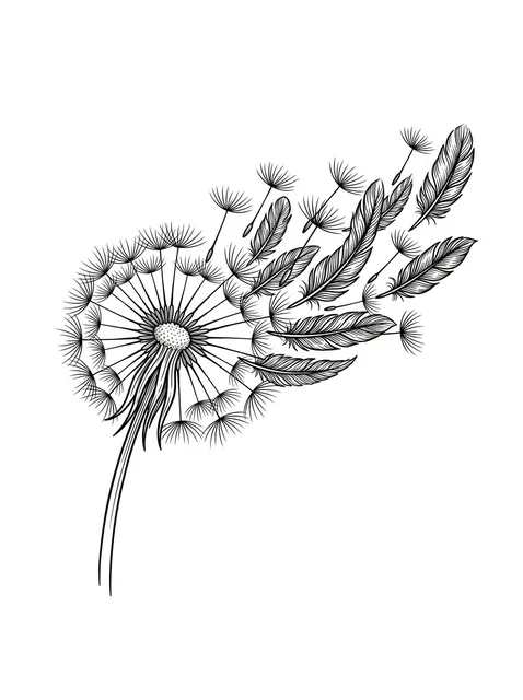 Black and white illustrative dandelion and feather tattoo design