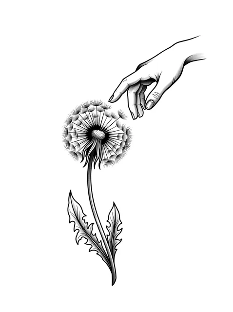 Black and grey illustrative dandelion and hand tattoo design