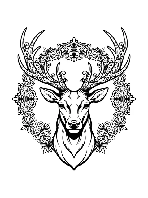 Black and white illustrative deer and leaf tattoo design