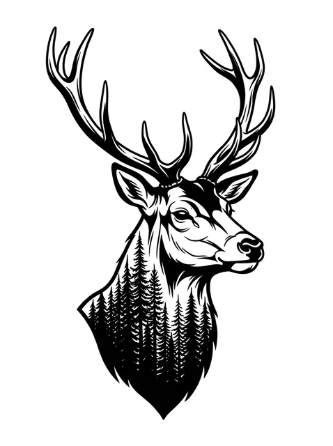 Black and white illustrative deer and tree tattoo design: the head of a deer with prominent antlers