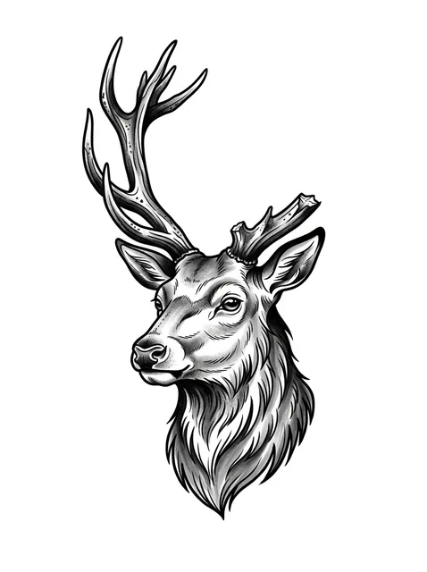 Black and grey illustrative deer tattoo design: the head of a deer with prominent antlers