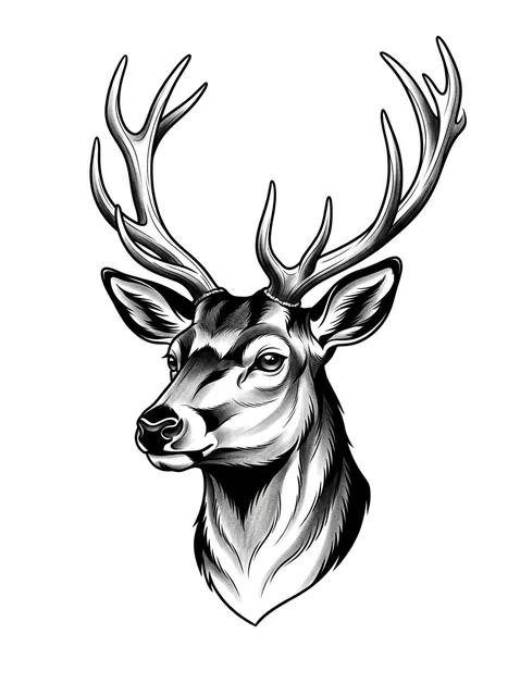 Black and grey illustrative deer tattoo design: the head of a deer