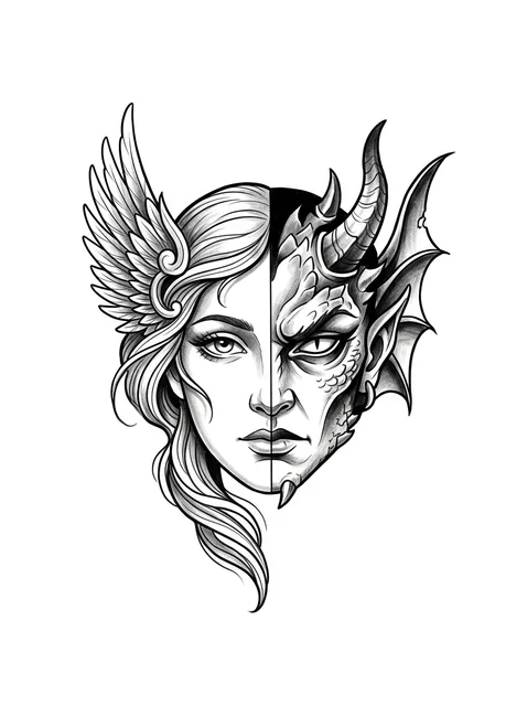 Tattoo-Vorlage mit einem Engel und einem Dämon, Stil: illustrativ, in Schwarz-Grau