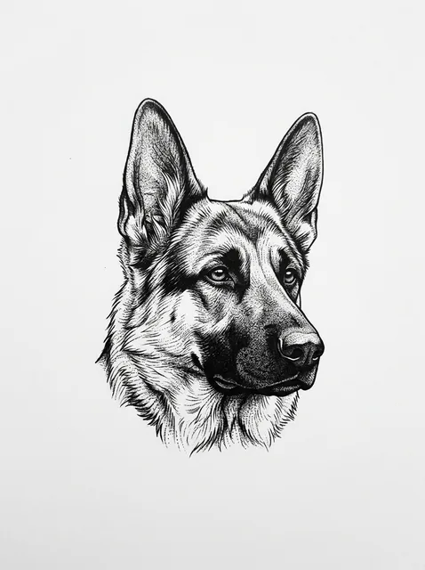 Black and grey illustrative dog and pet portrait tattoo design: the head of a German Shepherd dog