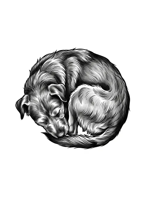 Black and grey illustrative dog and pet portrait tattoo design: a sleeping dog curled up in a ball