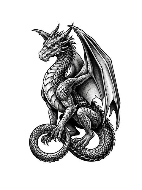 Black and grey illustrative dragon tattoo design