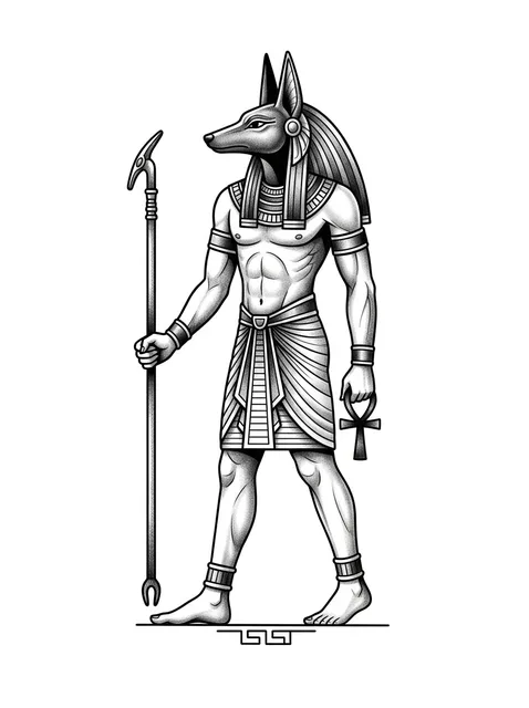 Black and grey illustrative egyptian and anubis tattoo design