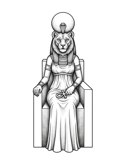 Black and grey illustrative egyptian and sekhmet tattoo design