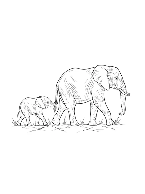 Black and grey illustrative elephant and mother and child tattoo design