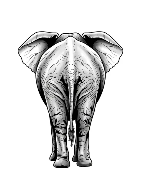 Black and grey illustrative elephant tattoo design: an elephant, viewed from behind