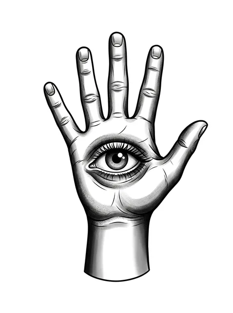 Black and grey illustrative evil eye and hand tattoo design: a human hand with an eye in the palm