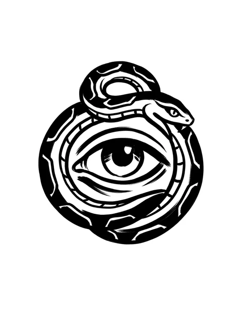 Black and white illustrative evil eye and snake tattoo design