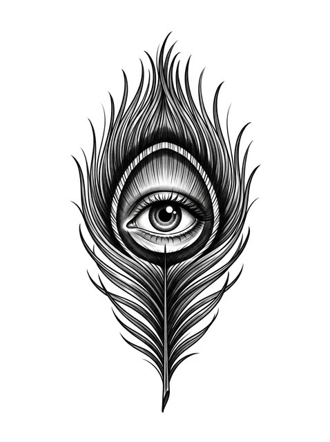Black and grey illustrative peacock and eye tattoo design