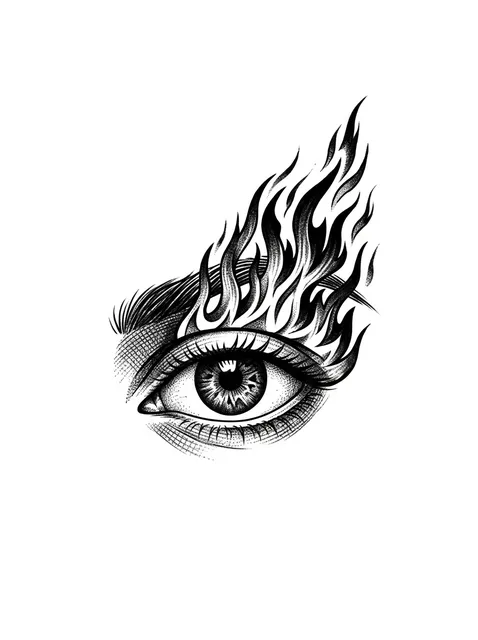 Black and grey illustrative eye and fire tattoo design