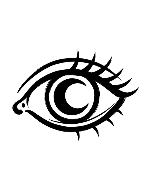 Black and white illustrative eye and moon tattoo design: an eye with a crescent moon as its pupil