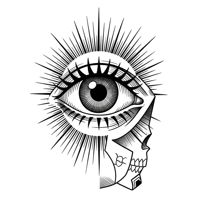 Black and white illustrative eye and skull tattoo design