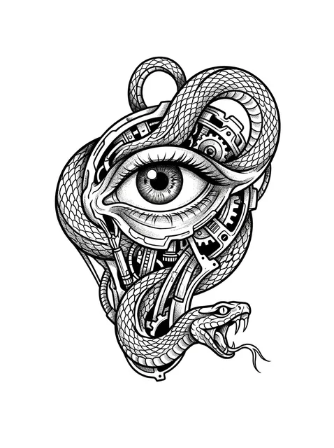Black and grey illustrative snake and eye tattoo design: a detailed eye intertwined with a snake