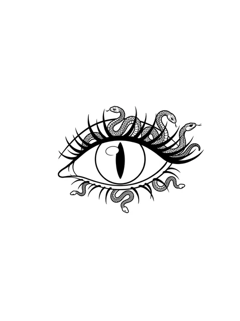 Black and grey illustrative medusa and eye tattoo design