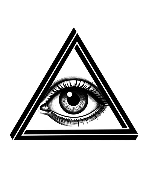Black and grey illustrative eye tattoo design: a detailed eye within a bold, double-lined triangle