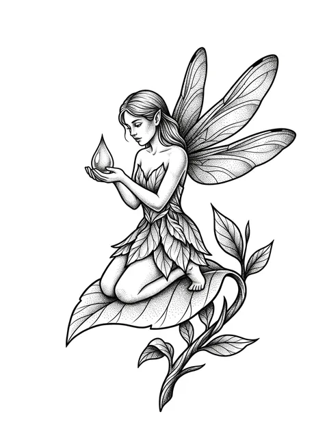Black and grey illustrative fairy and leaf tattoo design: a curling stem