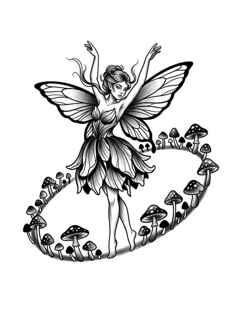Black and grey illustrative fairy and mushroom tattoo design