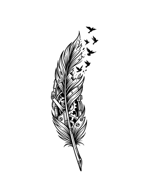 Black and grey illustrative bird and feather tattoo design