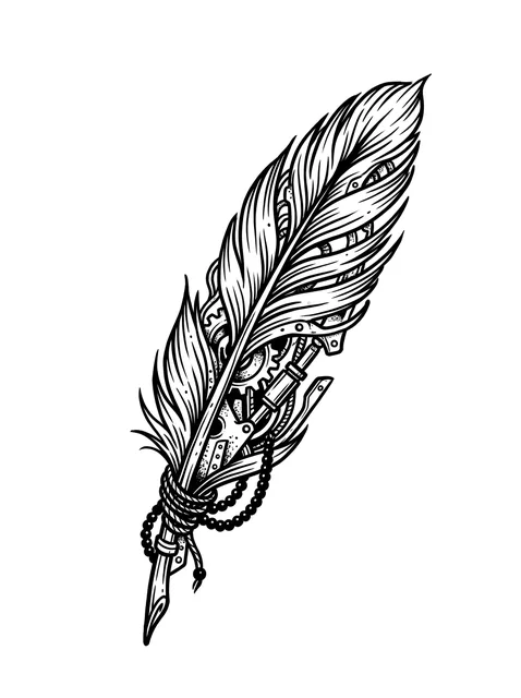 Black and grey illustrative feather and clock tattoo design