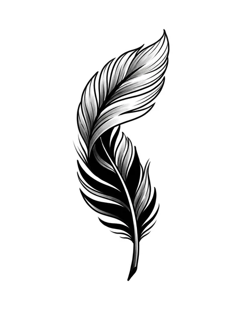 Black and grey illustrative feather tattoo design: two intertwined feathers