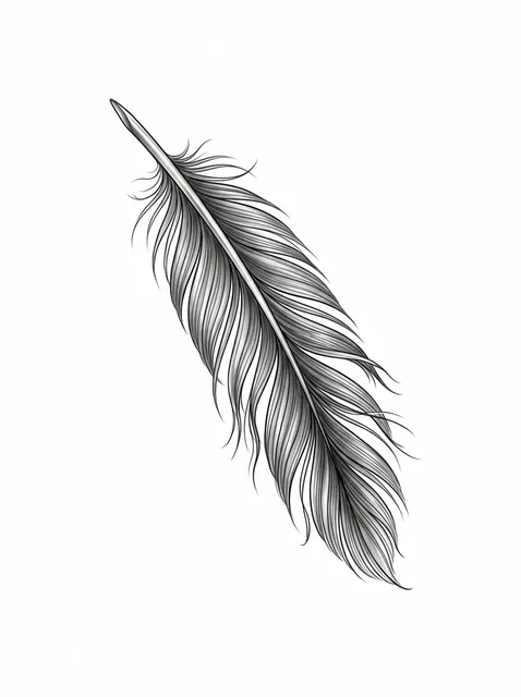 Black and grey illustrative feather tattoo design: a single feather