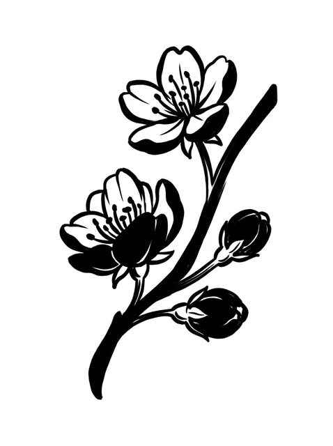 Black and grey illustrative flower and cherry blossom tattoo design: a branch of cherry blossoms