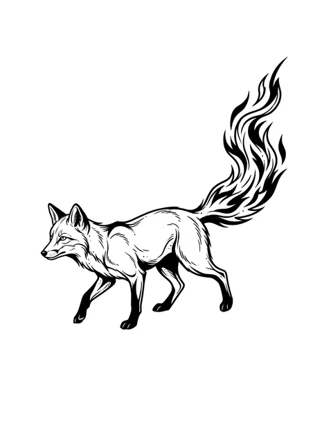 Black and grey illustrative fox and fire tattoo design