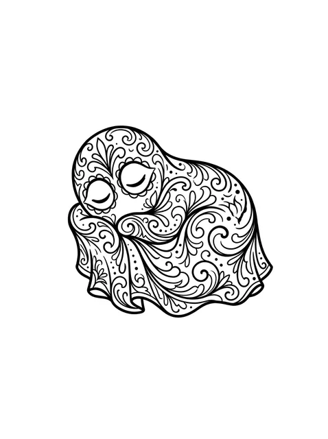 Black and white illustrative ghost and mandala tattoo design