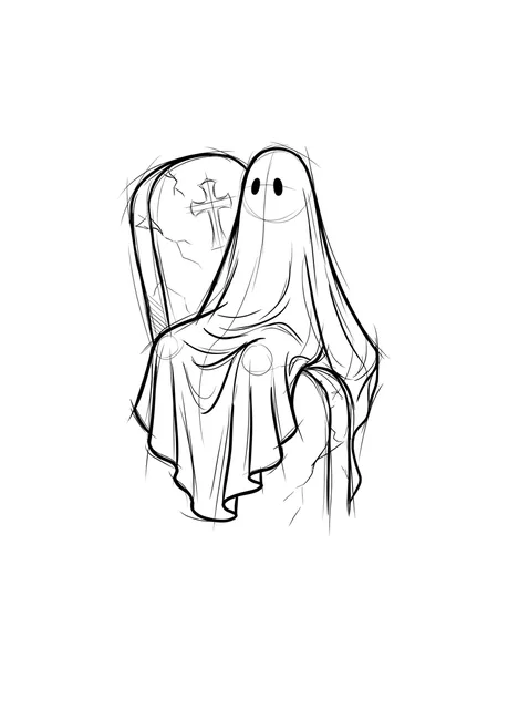 Black and white illustrative ghost tattoo design: a ghost draped over a tombstone with a cross