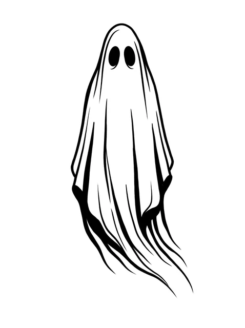 Black and grey illustrative ghost tattoo design: a classic sheet ghost with two dark, empty eyeholes
