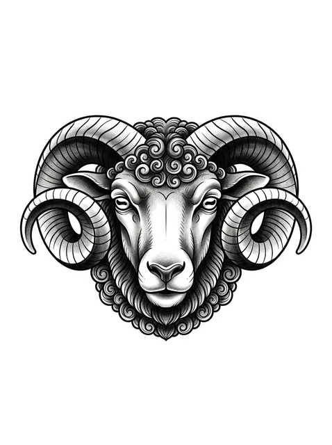 Black and grey illustrative aries and goat tattoo design: the head of a ram