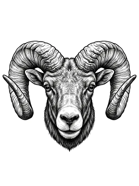 Black and white illustrative goat tattoo design: the head of a ram