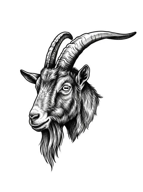 Black and grey illustrative goat tattoo design: the head of a goat