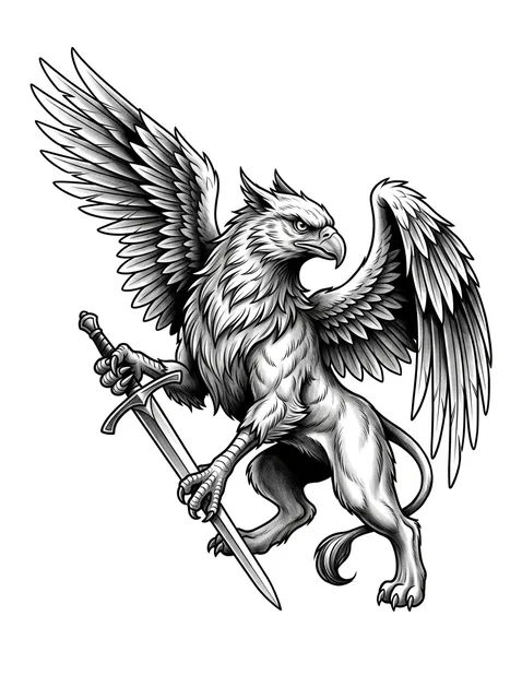 Black and grey illustrative griffin and sword tattoo design