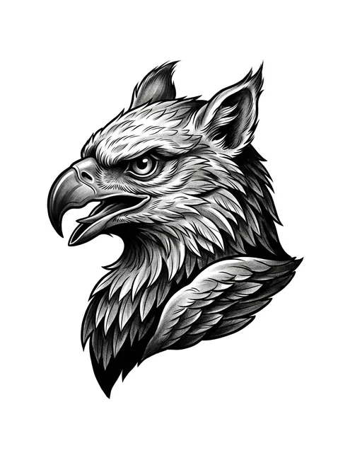 Black and grey illustrative griffin tattoo design