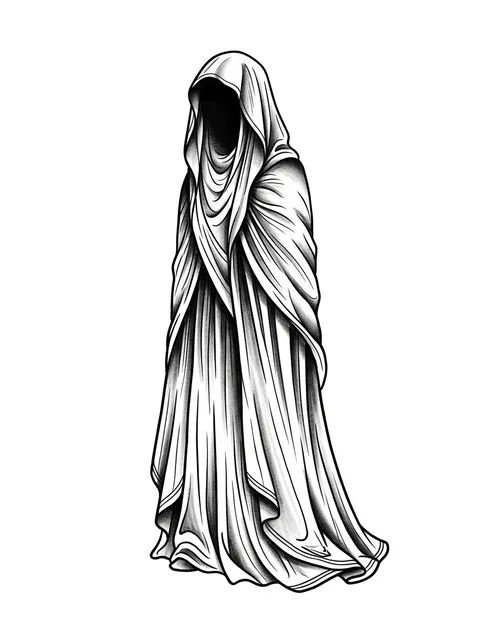 Black and grey illustrative ghost and grim reaper tattoo design