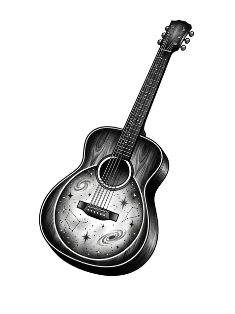Black and grey illustrative guitar and galaxy tattoo design