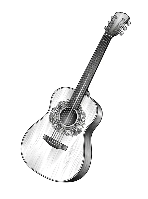 Black and grey illustrative guitar and rose tattoo design: an acoustic guitar