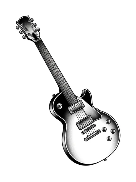Black and grey illustrative guitar tattoo design